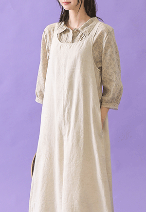 [訂購製造] 自然風格 後部 鬆緊設計 亞麻材質 連衣裙