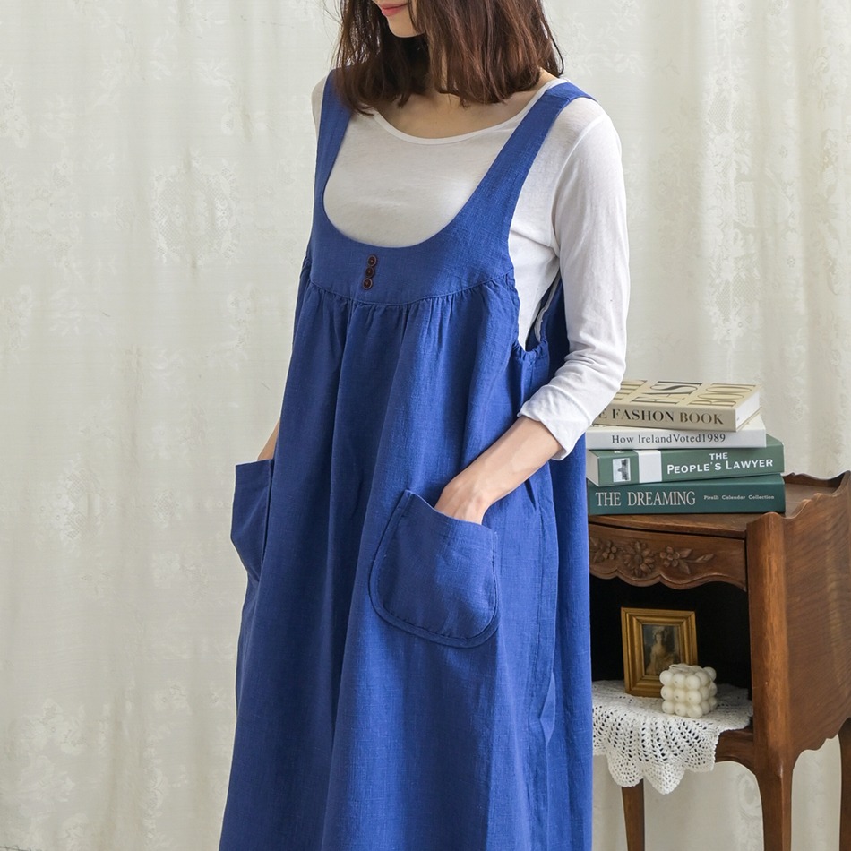 [TOP10] 三口袋細節 側面 鬆緊設計 亞麻材質 連衣裙