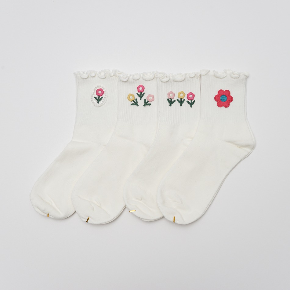4種花刺繡荷葉邊襪子套裝