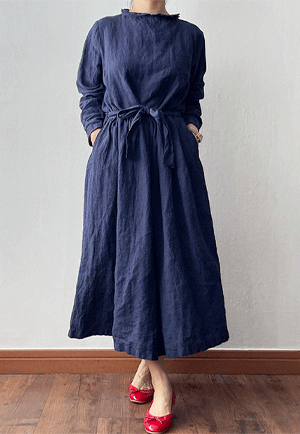 [立陶宛 亞麻] 漂亮的領子 盒子式版型 連衣裙