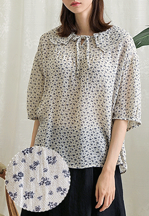 [TOP10] 小花朵 雙重領設計 亞麻材質 襯衫